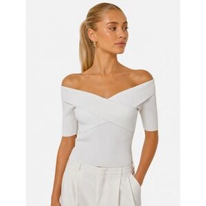 Sandro Paris White Ribbed Knit Off Shoulders Surplice Top Minimalist 0 XS